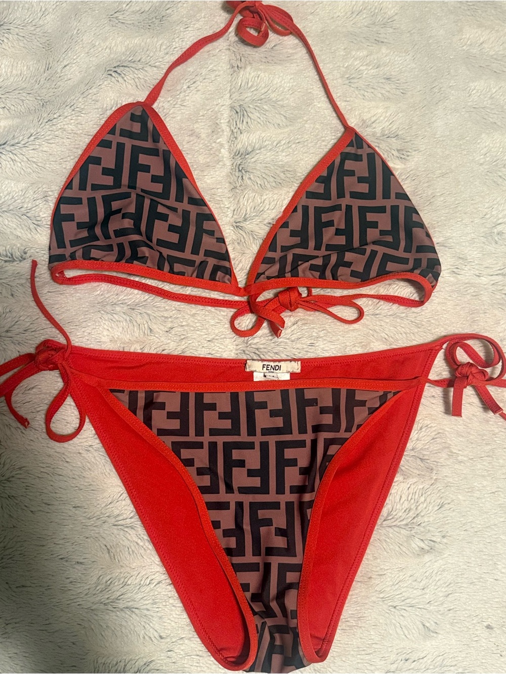 Fendi FF Monogram Red Trim Triangle Bikini Set, M